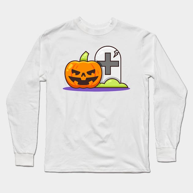 Cute Pumpkin with Tombstone Long Sleeve T-Shirt by aditvest